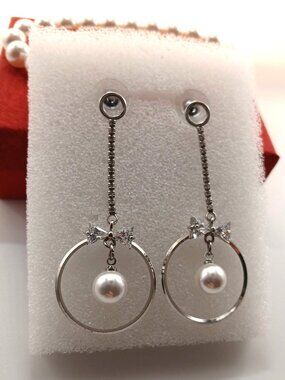 Princesscore Pearl Dangle Earrings with Silver Colour Hoop and Bow Accent